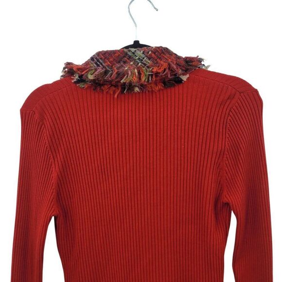 My Favorite Things Red Ribbed Silk Cardigan Jacket L Plaid Tweed Collar Cuffs - Picture 12 of 15
